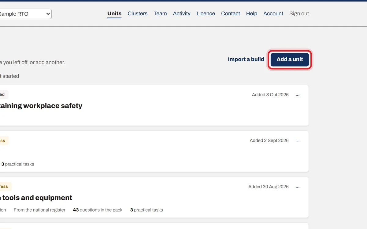 The Add a unit button on the Units page