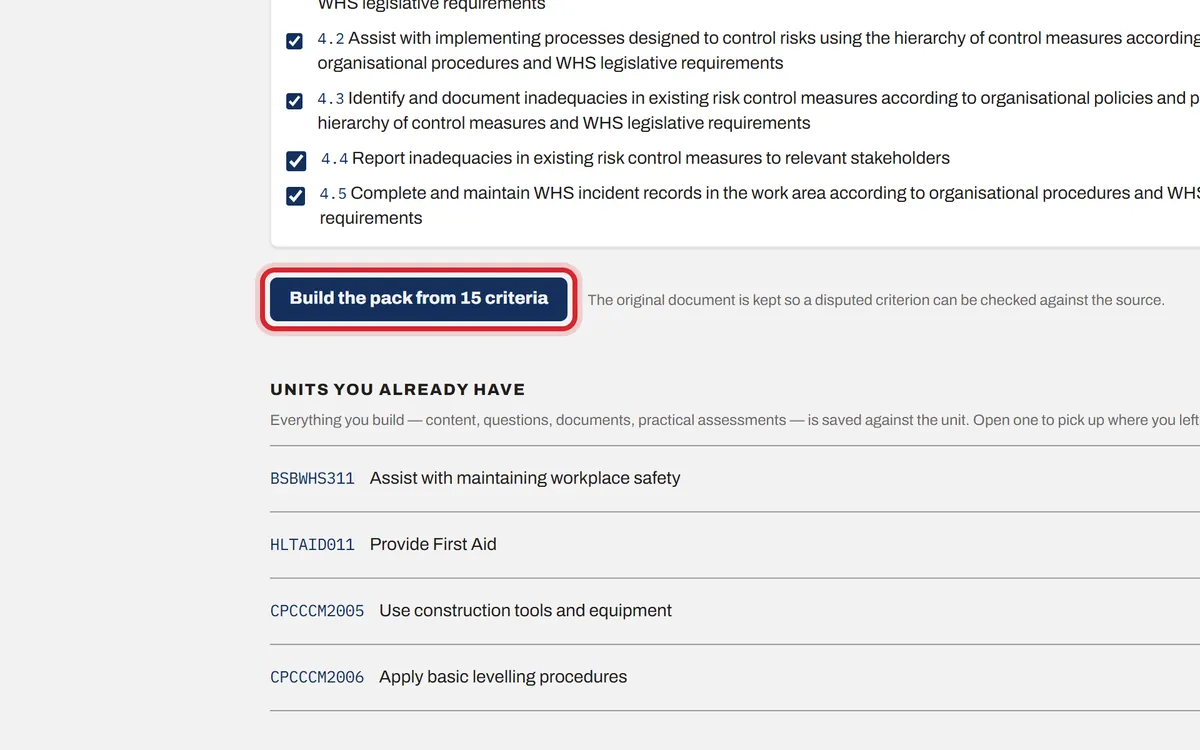 The Build the pack button under the criteria