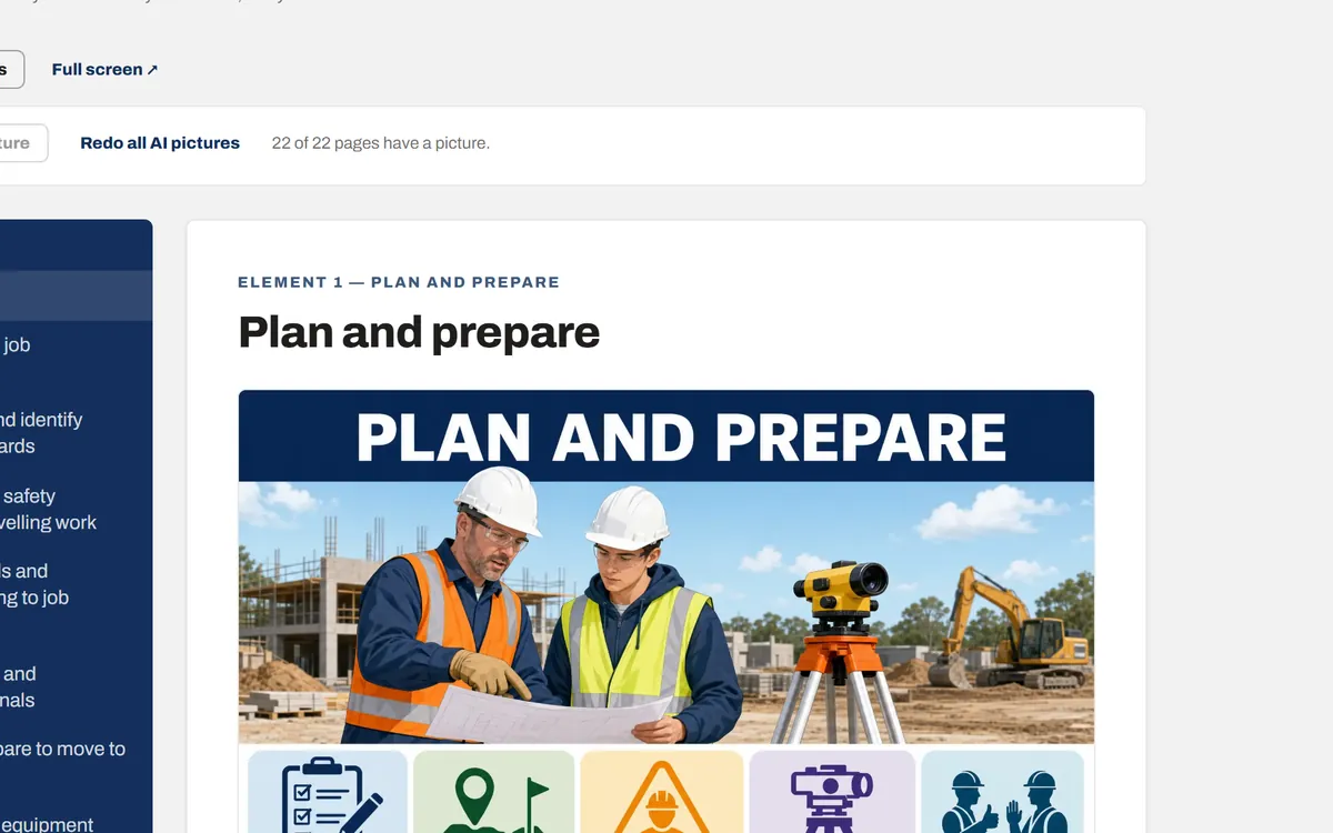 The finished course page with its contents list