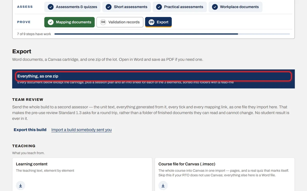The Export page with the one-zip button