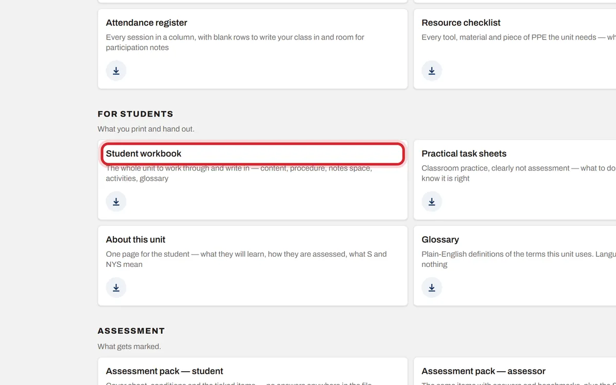 The For students and Assessment downloads