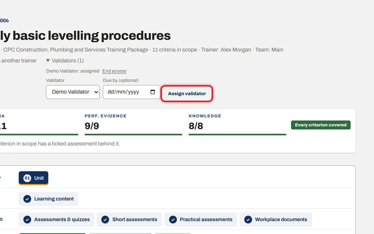 The Validators panel on a unit