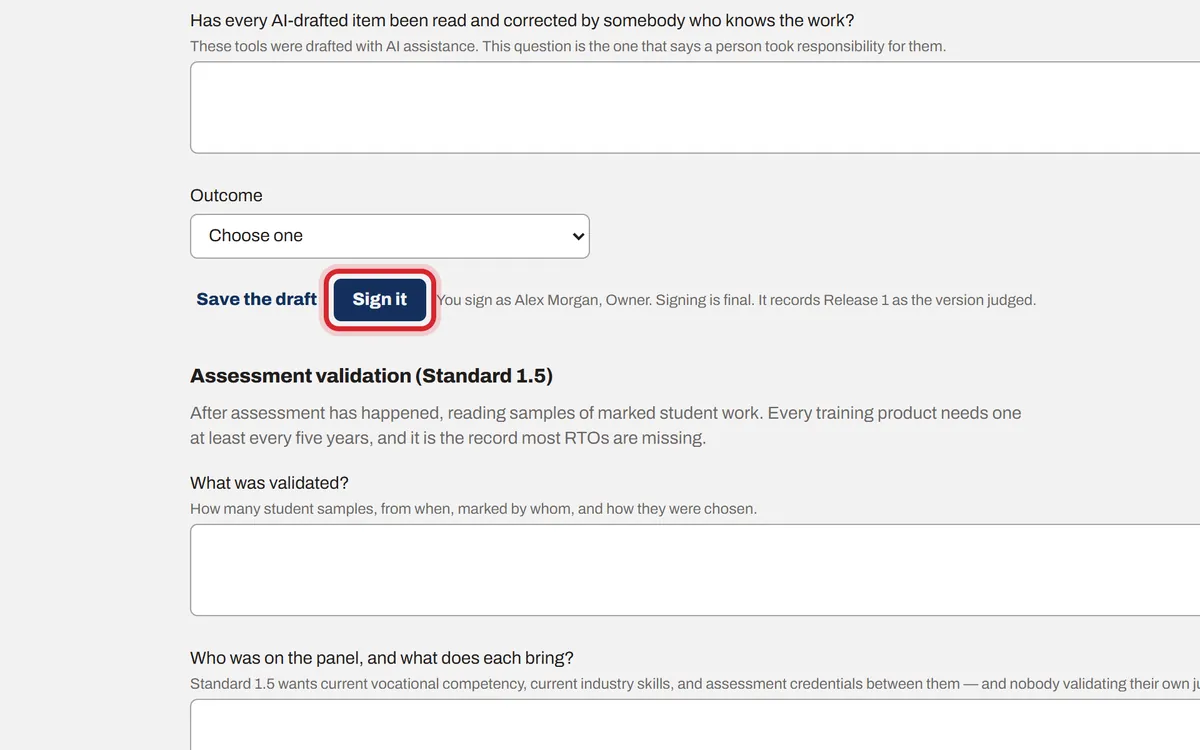 A validation record with the Sign it button